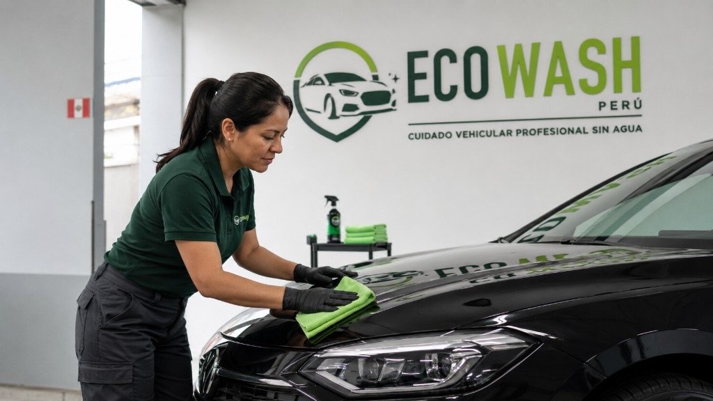 Especialista de Ecowash sobre un vehículo con acabado brillante, sin manguera